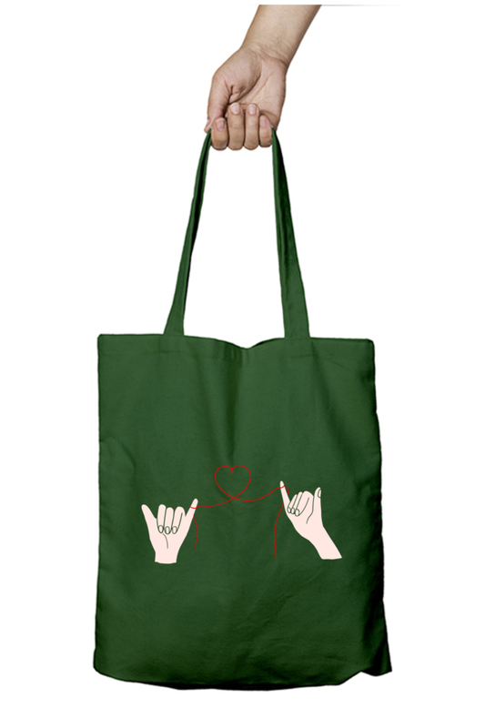 Unisex Tote Bag Zipper - two hands connected by a delicate red thread